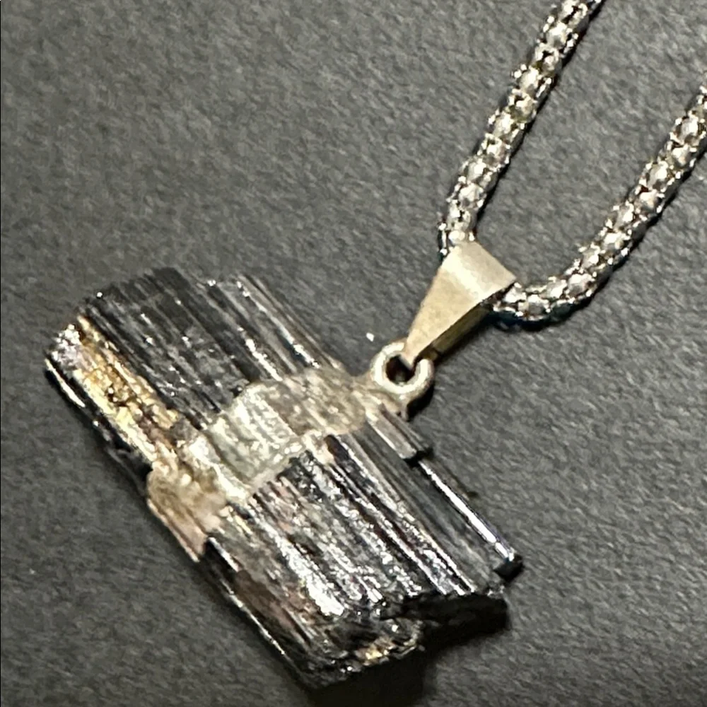 Raw Black Tourmaline Horizontal Pendant Necklace